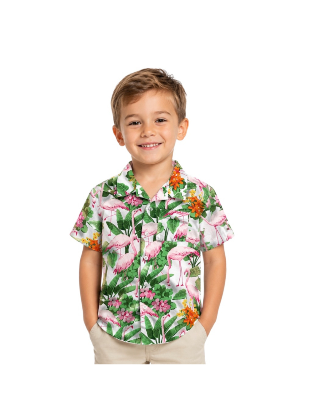 Janie and Jack Flamingo Tropical Button-Up Shirt Boys Size 4 Hawaiian Camp Shirt